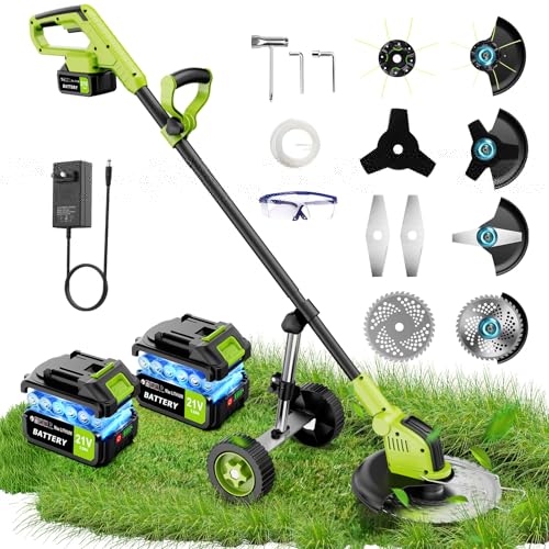 Kihoplly 12" Stringless Weed Wacker Cordless Eater, 21V 3000mAh*2 Battery Powered Grass Trimmer Brush Cutter, 3-in-1 Wheeled Lawn Edger with Blades, Electric String Trimmer 2 Batteries and Charger