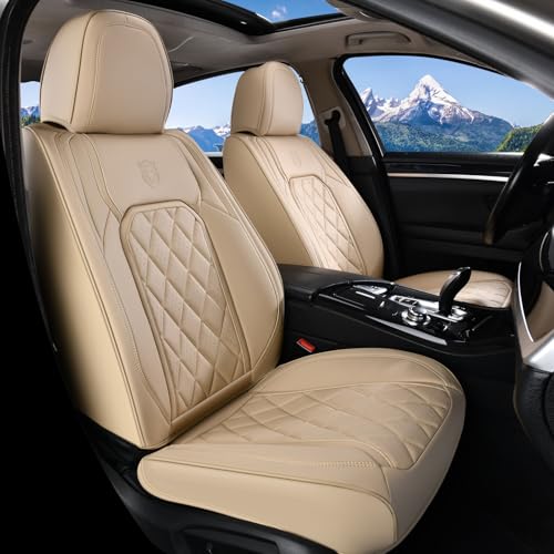 Coverado Front Seat Covers, 2-Pack Luxury Faux Leather Car Seat Cover, Beige Seat Covers, Car Seat Protector Waterproof, Car Seat Cushion Driver Seat Cover Universal Fit for Most Cars, Beige