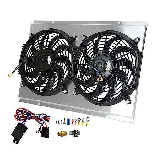 Smileracing Full Aluminum Shroud+2X 12" Slim Fans+Thermostat Relay Kit Compatible with Radiator 1982-2002 Chevy S10 Blazer 1984-1990 Corvette 5.7L V8 Conversion Models Only