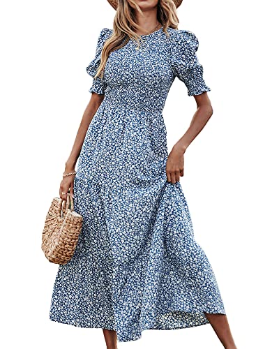 BTFBM Women Casual Summer Dresses 2024 Spring Crew Neck Ruffle Short Sleeve Floral Print Smocked Boho Flowy Maxi Dress(Floral Blue White, Medium)