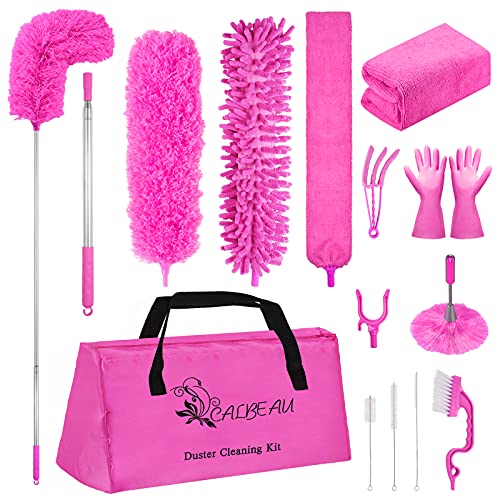 CALBEAU 15PCS Microfiber Feather Duster Set Bendable & Washable with 100-inch Extension Pole Dusters for Cleaning High Ceiling Fan, Blinds, Cars, Furniture, Cleaning Tools Kit for Women