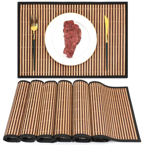 Pickmesh Bamboo Placemats Set of 6, Bamboo Table Mats Set with Fabric Border,18'' x 12'' Woven Placemat, Japanese Style, Washable Heat Resistant Place Mats for Kitchen and Dining Room