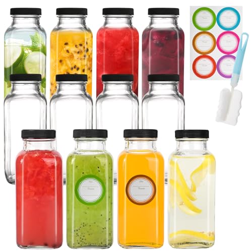 12 Pack 12oz Glass Juice Bottles with Lids - Juicing Bottles Reusable Glass,Drinking Jars with Airtight Lids & Cleaning Brush - Perfect for Juicing, Kombucha, Wellness Shots, and Storage