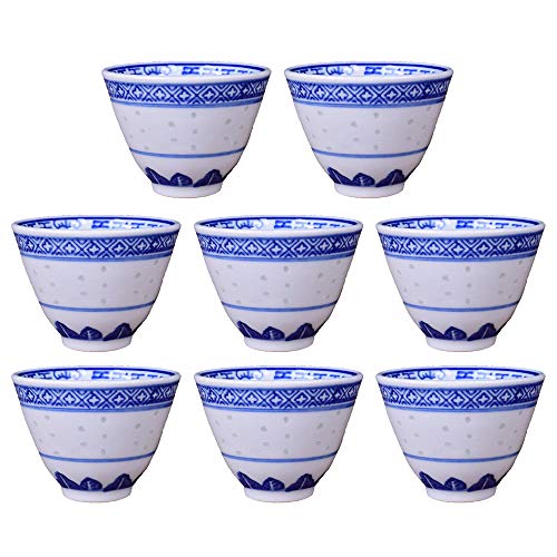 Woonsoon Chinese Handmade Kungfu Tea Cup 70 ml, Set of 8 Bone China Blue and White Tea Cups,Ceramic Tea Mugs Without Handles,Best Gift