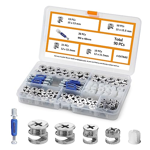 YaaYii Cam Locks for Furniture 90 Pcs 3-in-1 Eccentric Wheels, Furniture Cam Lock Fasteners Compitable with IKEA Hardware Parts, Multi-Size Repair Spare Parts Nut & Bolt Assortment Sets