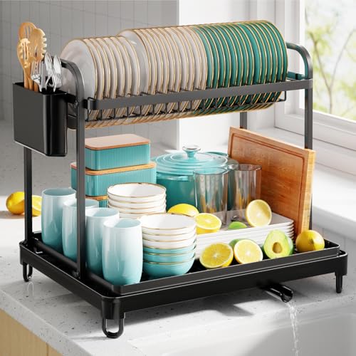 Sakugi Dish Drying Rack - Stainless Steel Dish Rack for Kitchen Counter, 2-Tier Kitchen Organizers and Storage Rack with Drainboard and Cutlery Holder, X-Large, Black