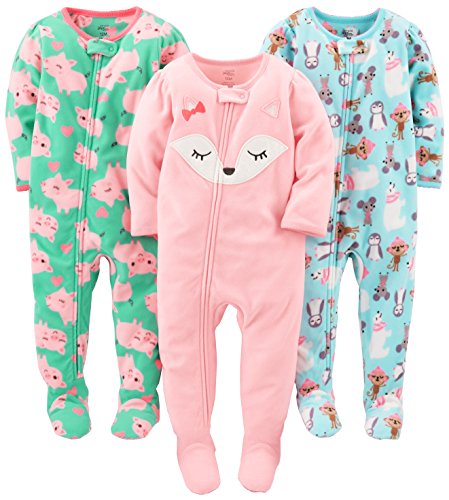 Simple Joys by Carter's Baby Girls' 3-Pack Loose Fit Flame Resistant Fleece Footed Pajamas, Blue Penguin/Green Pig/Pink Fox, 18 Months