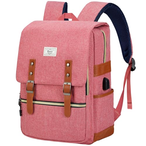 Ronyes Vintage Laptop Backpack for Women Men,15.6 inch Bookbag Casual Daypack with USB Charging Port for College Work, Pink Backpacks
