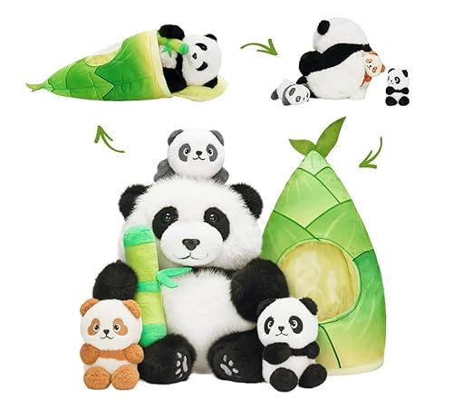 OUOZZZ Panda Stuffed Animals with 3 Babies Inside Panda Bear Plush Toys with 19" Bamboo Shoot Bag - Gift Present Toys for Girls Boys Kids Toddler