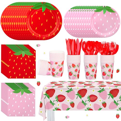 Strawberry Party Tableware Set Strawberry Theme Paper Plates Napkins Cups Strawberry Plastic Tablecloth Disposable Strawberry Party Supplies for Birthday Party Baby Shower