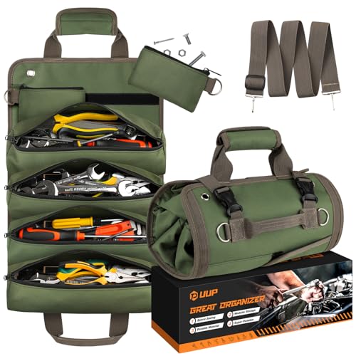 Tool Bag Roll Up, UUP Heavy Duty Portable Soft Tool Storage Organization, Foldable Empty Rollup Organizer with 2 Small Pouches, Rollable Carrying Toolbag, Dad Men Mechanic Welding Birthday Gift, Green