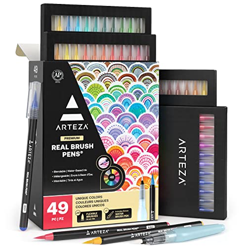 ARTEZA Real Brush Pens, 48 Watercolor Pens, Drawing Markers with Flexible Brush Tips, Watercolor Markers for Artists, and Beginners