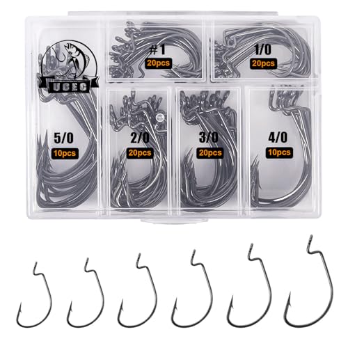 UCEC Fishing Hooks, 100pcs EWG Offset Worm Hooks Bass Hooks Wide Gap 2X Strong Senko Bait Texas Rig Jig Fish Hooks for Bass Trout Saltwater Freshwater Size:#1 1/0 2/0 3/0 4/0 5/0