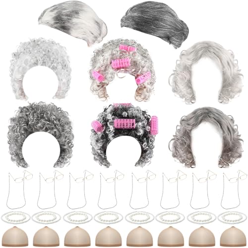 CraftyDream 32 Pcs Old Lady Wig Costume for Women Grandma Granny Wig,100 Days of School Costume,Halloween Cosplay Christmas
