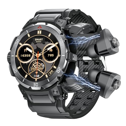 FANCHENGZI Military Smart Watch with Earbuds for Men, Bluetooth Calling can Answer and Make Calls, IP67 Waterproof Fitness Smart Watch, Sports Fitness Tracker with Step, for Men Dad Husband