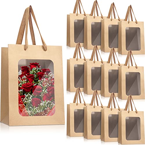 Reginary 50 Pcs Paper Gift Bags with Transparent Window Clear Gift Bag with Handle 9.8 x 7.1 x 5.1 Shopping Tote for Bouquet Mother's Day Graduation Wedding Present Festival Party(Brown)