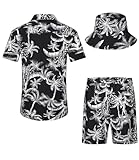 EISHOPEER Men's Black Palm Tree Hawaiian Shirt and Short 2 Piece Outfits Sets Hawaii Shirts Suits with Bucket Hats Black Large