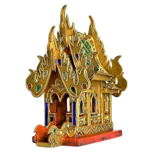 UNCLEJUM Thai Gilt Jeweled Spirit House Wood Carving, 10 inches (25 cm) High, Thailand Art Home Decor