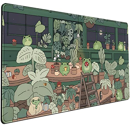 Cute Frog Kawaii Green Desk Decor Mat, Large Gaming Mouse Pad for Computer Keyboard Laptop, Home Office Accessories for Girl (31.5x15.7 in)-with Stitched Edges Pad