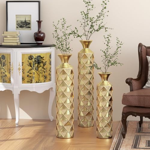 Tall Floor Vase Large Vintage Modern Set Oversized Metal Vases for Decor Living Room Gold Decorative (3D Triangle)