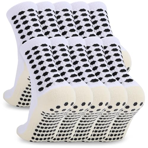 Ultrafun 5 Pairs Soccer Socks with Grip Pads Non Slip Football Basketball Sports Socks for Men Women (5Pairs-White)