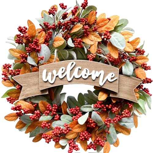 22 Inch Fall Berries Wreath for Front Door, Autumn Leaves Wreath for Indoor Outdoor, Welcome Wood Sign Fall Festival Wreath for Home Decor