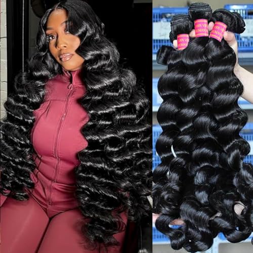 BEAUFOX 12A Brazilian Human Hair Bundles Loose Wave Bundles Human Hair 28 26 24 22 Inch 100% Unprocessed Virgin Weave 4 Bundles Human Hair Remy Hair Extensions Natural Color for Black Women
