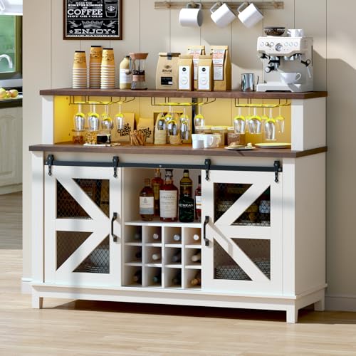 55" Coffee Bar Cabinet with LED Lights, Farmhouse Wine Bar Cabinet for home with wine glass rack, Kitchen Buffet Cabinet with Sliding Door & 4 Tier Storage for Dining Living Room (Antique White)