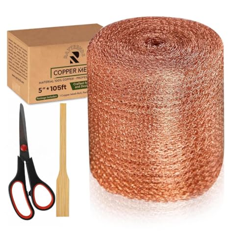 Raytrends Copper Mesh Rodent Control Kit, 5 Inch x 105ft Rustproof Copper Wool Blend, DIY Hole Filler, Complete with Precision Scissors and Packing Tool for Mice & Rodent Defense