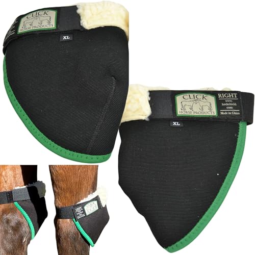 Click Horse Hock Shield, Horse Care Boots, Hock Shield for Horses w/Fleece Lining, Prevents Hock Sores & Bed Sores, Tear Resistant Hock Protectors for Horses, Black w/Green Trim Horse Size 13"-15.9"