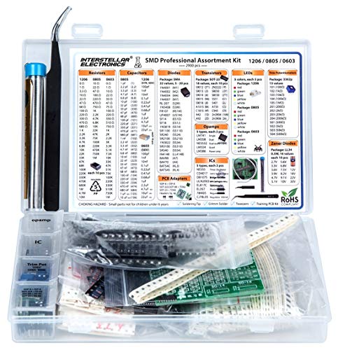 SMD 1206 0805 0603 Component Assortment, Resistor, Capacitor, Diode, Transistor, LED, OpAmp, IC, Solder, PCB, SMT Soldering Assorted Kit 2900 pcs