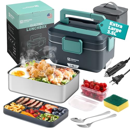 Annie & Mia Design Electric Lunch Box for Adults, 90w 3.5L 2-Layer Portable Food Warmer, Dual Mode 2.5L + 1L Heated Lunch Box for Adults, Home/Car/Office/Truck Use, Lonchera Eléctrica Portátil
