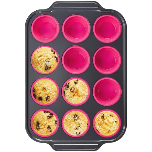 BRONYPRO Silicone Muffin Pan with Metal Frame, Egg Bite Molds for Baking, Cupcake Pans 12 Regular Size, Muffin Tins Easy to Pop Nonstick Non Toxic Bakeware for Oven,Rose Pink