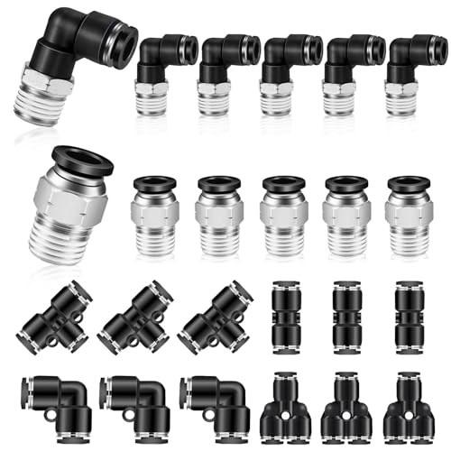 QITUO Push to Connect Fittings kits,6mm Tube OD x 1/8 Inch NPT Thread Male Elbow and Straight Pneumatic Quick Connect Air Hose Fitting kits Tube Fittings Air Fittings 24Pcs