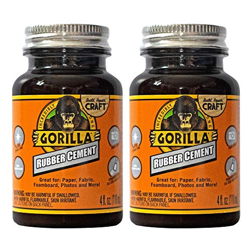 Gorilla Rubber Cement with Brush Applicator, Clear Glue, 4 Fluid Ounces (Pack of 2) - Easy to Use, Non-Wrinkling, Non-Yellowing