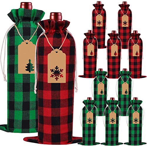 DULEFUN 12pcs Christmas Wine Burlap Bags, Christmas Wine Bags Classic Buffalo Plaid Wine Bottle Bags Reusable Burlap Xmas Wine Bottle Covers Clothes for Christmas New Year Wedding Holiday Parties