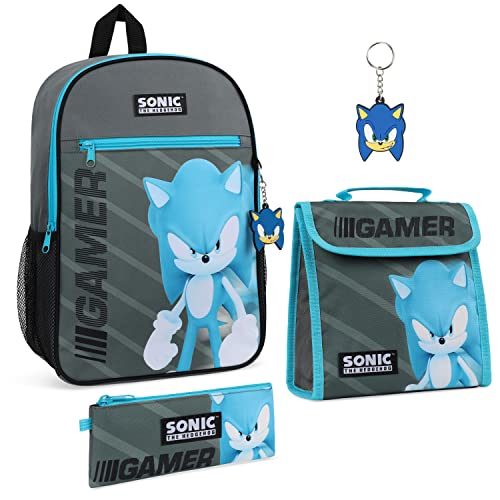 Sonic The Hedgehog Backpack School Bag 4 Piece Sets for Kids with Backpack Lunch Bag Pencil Case Keyring for School Supplies Sonic Gifts for Boys