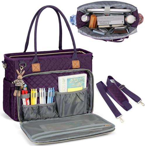 RAINSMORE Teacher Tote Bag 15.6 inch Laptop Bag for Women Work Bags Laptop Tote Nurse Bag Professional Computer Messenger with Insulated Pocket, Laptop Briefcase for Office, College, Dark Purple