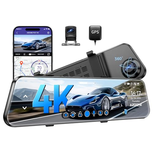 AZDOME PG17 12" 4K Mirror Dash Cam Front and Rear, Wi-Fi 6 Rear View Mirror Camera with 64GB Card, Voice Control Dash Camera for Car, Rearview Mirror Camera with GPS Night Vision Parking Assistance