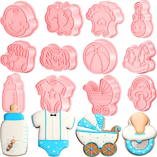 Jinei 16 Pcs Baby Shower Cookie Cutters Kids Cookie Cutter with Plunger Stamps DIY Fondant 3D Stampers Molds for Baking Biscuit Birthday Party Kitchen Tools, Bib Baby Bottle Pacifier Rattle Carriage