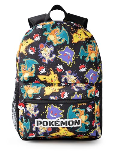 Pokémon Pikachu Charizard Gengar Meowth Backpack in Black | Kids Character All Over Print Bag | Adjustable Shoulder Straps