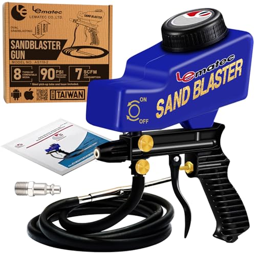 LE LEMATEC Portable Sandblaster Gun Kit, Air Compressor Sand Blaster, Paint & Rust Remover, Abrasive Media & Soda Blaster for Metal, Wood, Automotive & DIY Surface Prep, AS118-2C