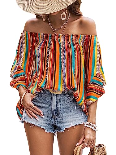 Verdusa Women's Off Shoulder Shirred Half Sleeve Loose Striped Blouse Shirt Top Multicolor M