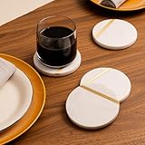 Cork & Mill Marble Coasters Set of 6 - Luxury Aesthetic Modern Decor for Coffee Table- White Marble with Gold Brass Inlay - Real Natural Semi Absorbent Stone Coasters