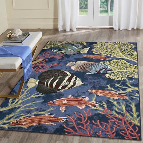 Liora Manne Marina Indoor/Outdoor Power Loomed Synthetic Blend Low Profile Area Rug - Transitional Graphic Coastal Animal Colorful (Fish Navy) (6'6" x 9'4")