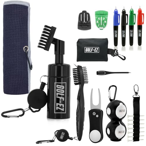 Golf-EZ Golf Essentials Kit | Must Have Golf Accessories - Golf Water Brush, Golf Towel, Golf Club Brush, Golf Ball Marker, Divot Repair Tool, Golf Ball & Golf Tee Holder, Golf Gifts for Men