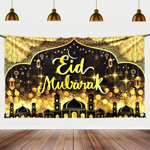 XtraLarge Eid Mubarak Banner Backdrop - 72x44 Inch | Black and Gold Banner, Eid Decorations for Home, Indoor, Outdoor, Party, Gatherings,