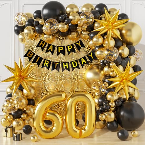 Sllyfo 60th Birthday Decorations for Woman Men, Happy 60th Birthday Banner Balloon Arch Kit, Black and Gold 60th Birthday Balloons 60 Balloon Number for 60th Birthday Party Decorations