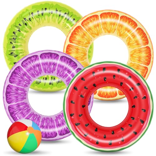 Jasonwell Inflatable Pool Toys Floats for Swimming Pool Party Lake Beach Kids Adults - 4 Pack Floaties Pool Tubes Swim Rings Fruit Water Floaty Watermelon Kiwi Orange Grape