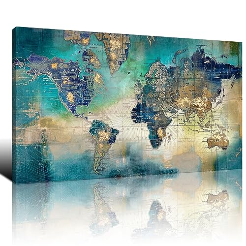 Large World Map Canvas Prints Wall Art for Living Room Office "24x48" Green World Map Picture Artwork Decor for Home Decoration